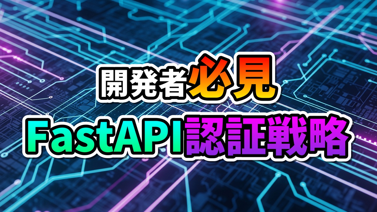 回路基板のような背景に「開発者必見」のオレンジと「FastAPI 認証戦略」の緑と紫の文字が鮮やかに表示された、FastAPIにおけるJWT認証戦略に関する記事のサムネイル画像です。