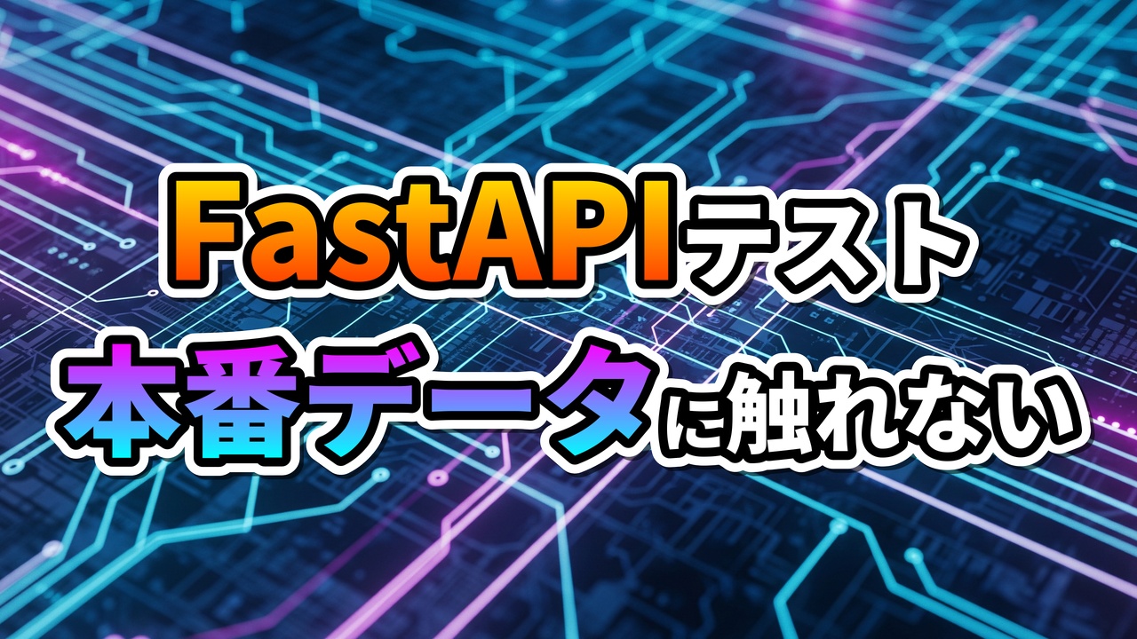 青と紫に光る回路基板の背景に「FastAPIテスト 本番データに触れない」という文字が表示された画像です。FastAPIにおける依存性注入を使ったユニットテストの重要性と、本番データに影響を与えないテスト方法を視覚的に伝えています。