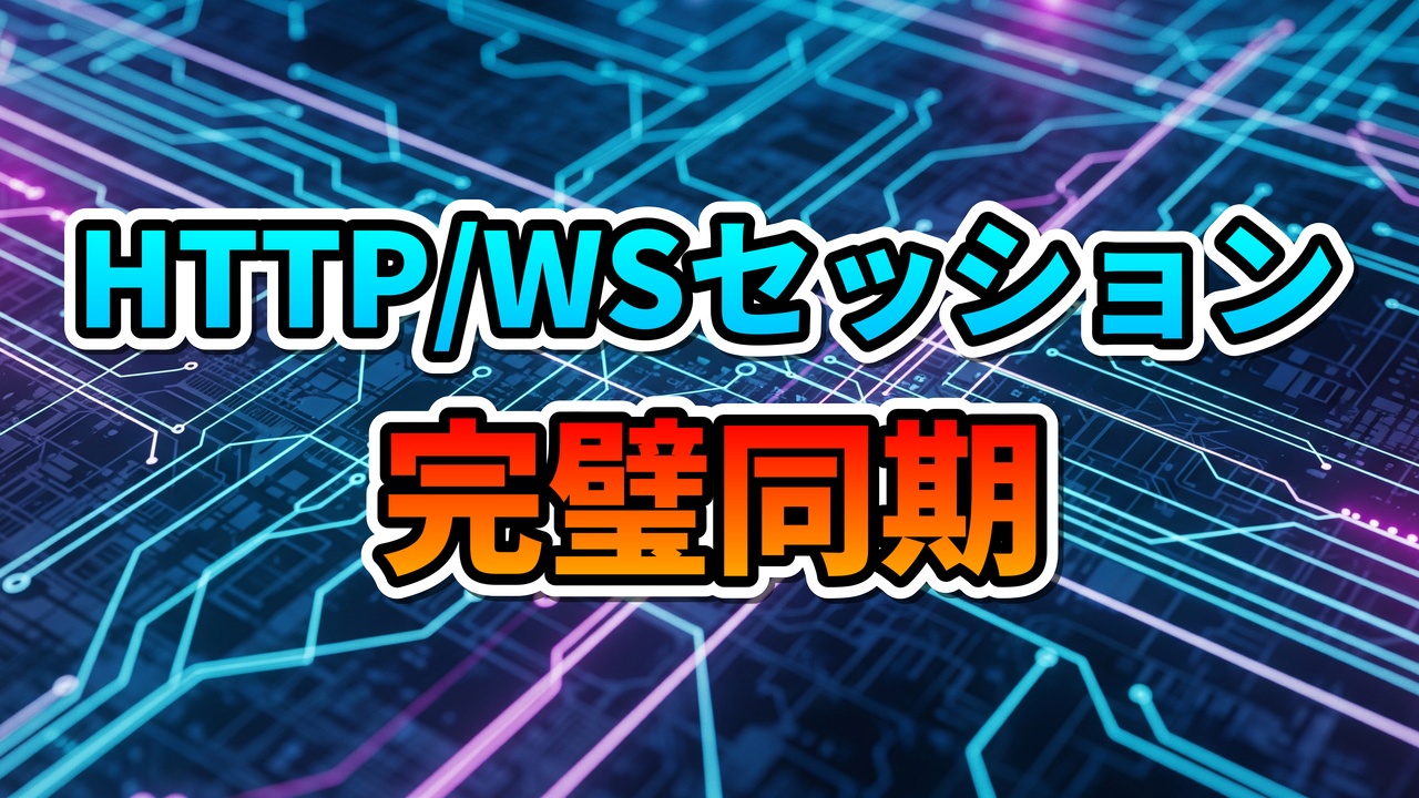回路基板のような青と紫の光る線が背景にあり、中央に「HTTP/WSセッション」と青色、「完璧同期」とオレンジ色の文字が大きく表示された画像。