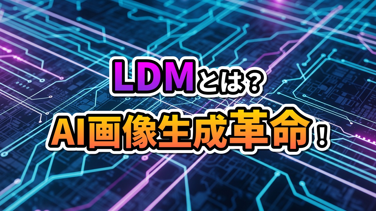 青と紫の光る回路基板を背景に「LDMとは？AI画像生成革命！」の文字。潜在拡散モデルによる画像生成技術の進化を示唆しています。