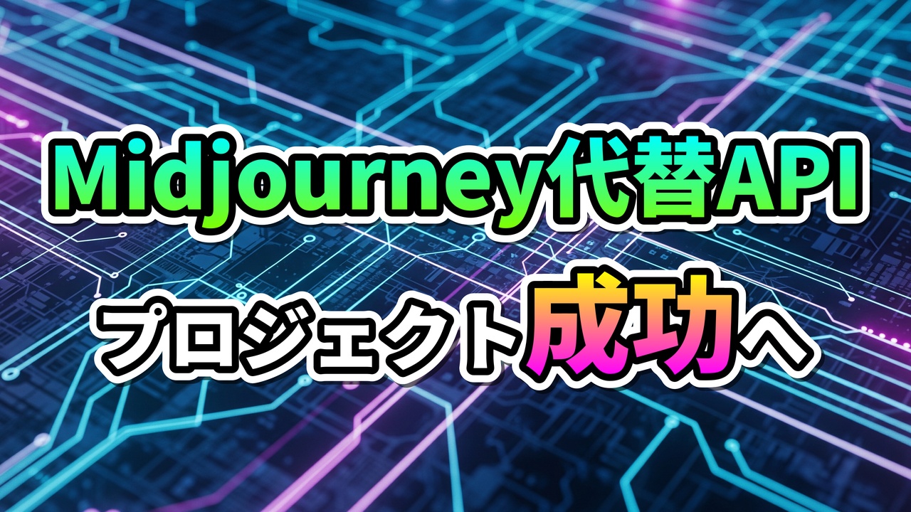 「Midjourney代替API プロジェクト成功へ」というテキストが、青と紫に光るデジタル回路基板の背景に表示されています。開発者向けのAI画像生成APIソリューションを示唆。