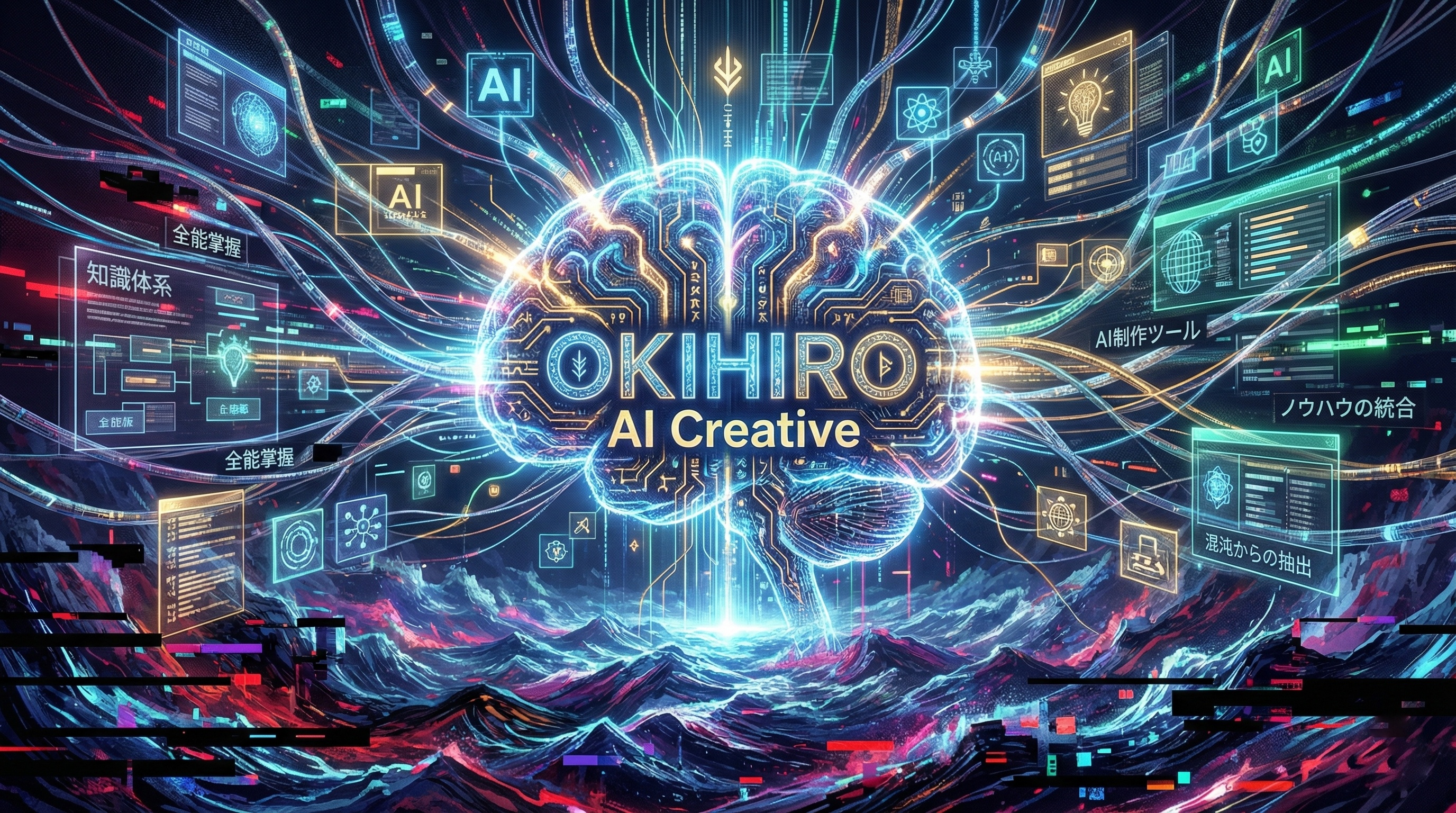 中心に「OKIHIRO AI Creative」のロゴが輝くデジタル脳のイラスト。周囲には「知識体系」「AI制作ツール」「ノウハウの統合」などの日本語テキストを含むホログラフィックな情報インターフェースが浮かび、AIによる創造性と知能の融合、そして包括的なシステムを表している。背景はデータが流れる未来的な風景。