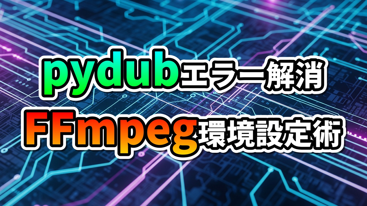 青い回路基板の背景に、緑色で「pydubエラー解消」、赤色で「FFmpeg環境設定術」と書かれた文字が強調されています。pydub利用時のFileNotFoundError解決を示すテクノロジー系の画像。