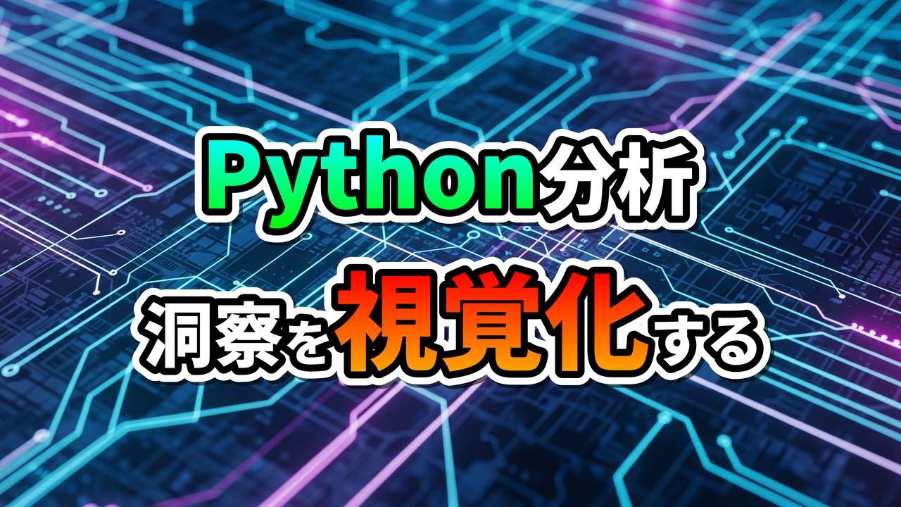 青と紫の光るデジタル回路背景に「Python分析 洞察を視覚化する」と鮮やかに表示された、Pythonデータ分析と可視化の導入を示す画像です。