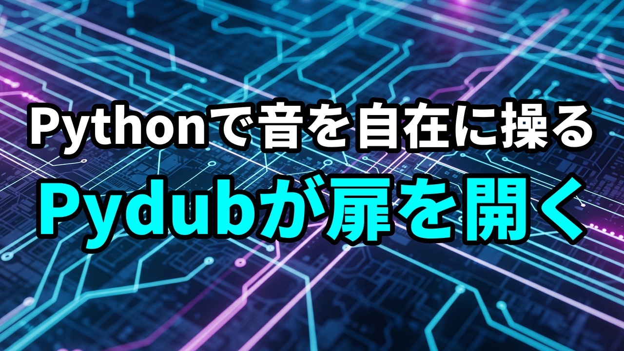 Pythonで音声を自在に操るPydubが扉を開くというタイトルの画像。背景には青と紫の回路基板のような模様が描かれている。