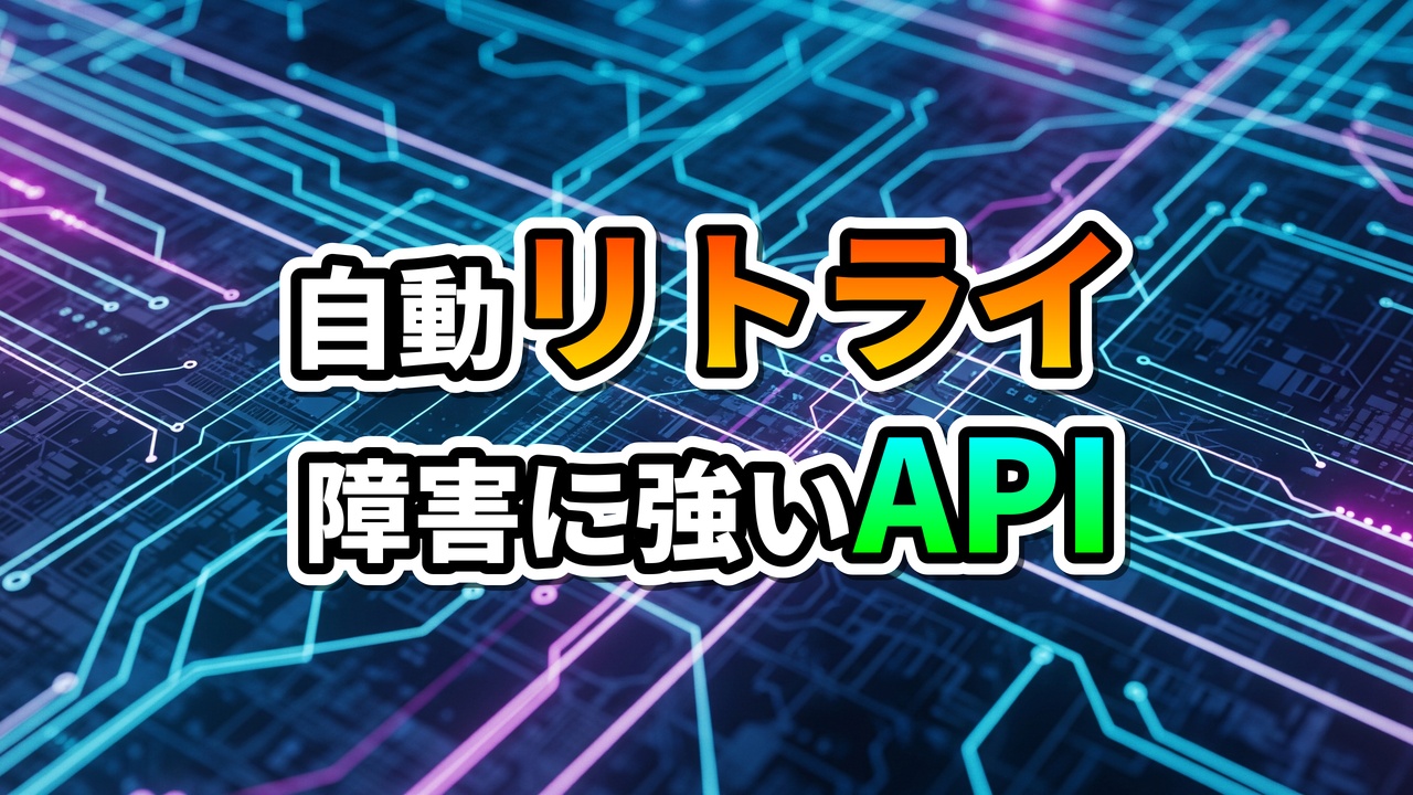 デジタル回路基板の背景に「自動リトライ」「障害に強いAPI」という文字が表示されており、Python Requestsによる堅牢なWeb API連携の重要性を示唆しています。