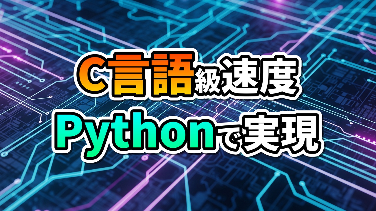 青と紫に光るサーキットボードの背景に、「C言語級速度 Pythonで実現」という文字が大きく表示された画像。CythonによるPythonの高速化とC言語並みの性能向上を示す。