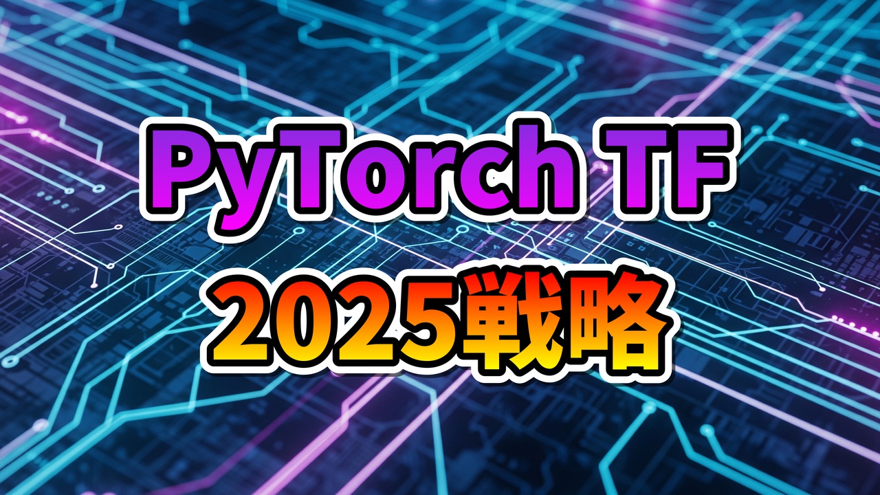 デジタル基板を思わせる青と紫の背景に、紫色の「PyTorch TF」とオレンジ色の「2025戦略」の文字が大きく表示された画像です。AI開発における主要フレームワークの選択と将来の戦略を示唆しています。