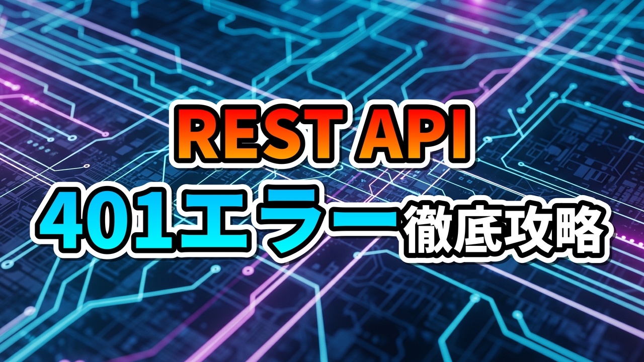 デジタル回路基板の背景に「REST API」と「401エラー徹底攻略」という文字が大きく表示されており、WordPress REST APIの認証エラー解決ガイドを象徴しています。