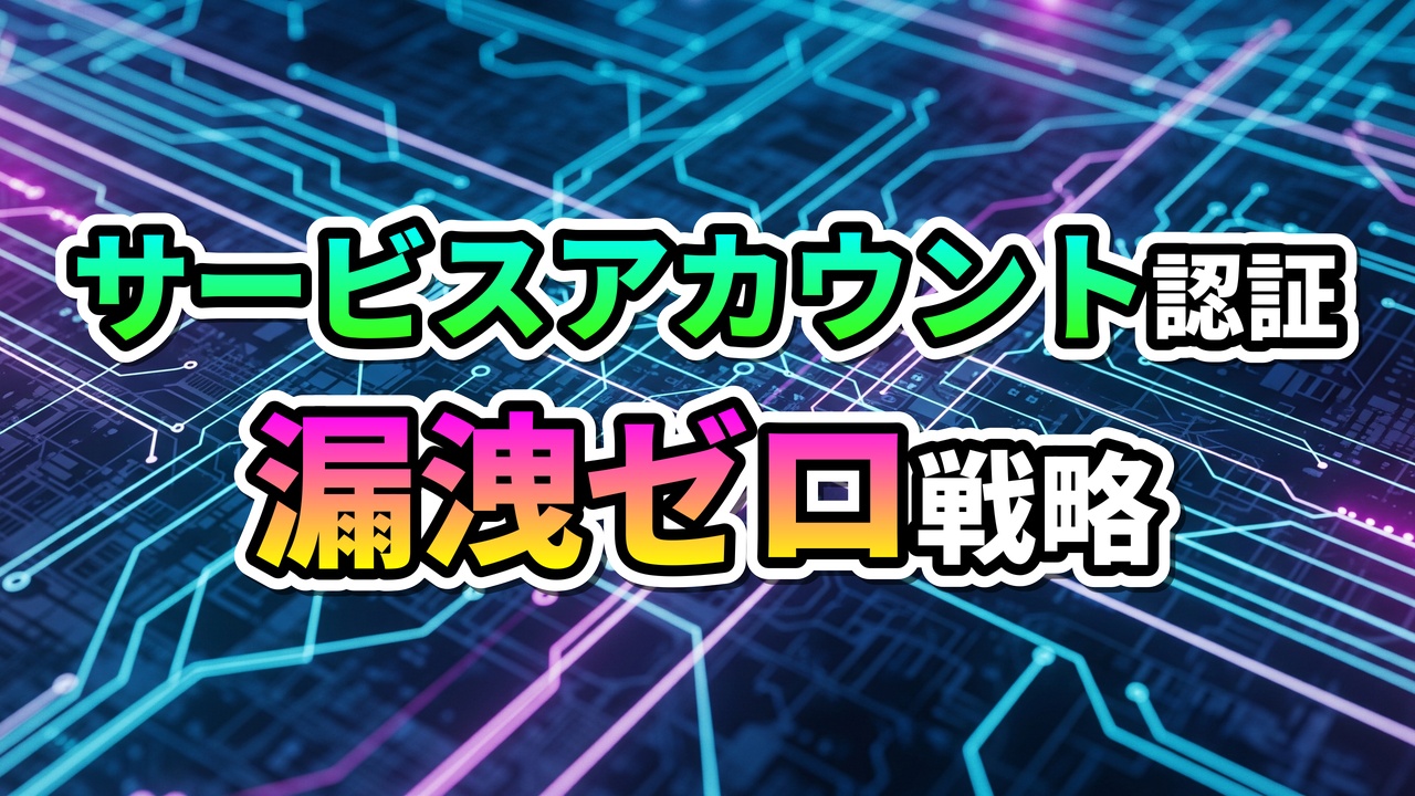 回路基板のような背景に、明るいグラデーションカラーで「サービスアカウント認証」と「漏洩ゼロ戦略」という文字が書かれた画像です。Google CloudのAPI連携におけるセキュリティ対策を表現しています。