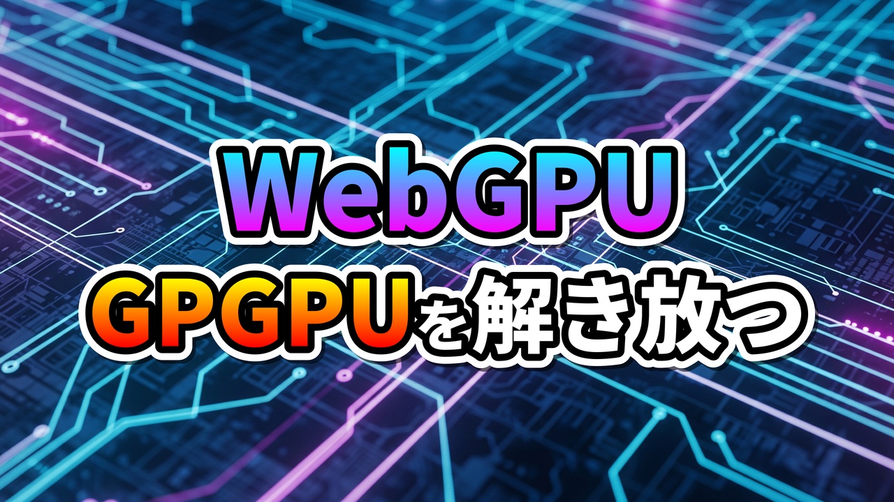 WebGPUとGPGPUの文字が未来的な回路基板を背景に浮かび上がる画像です。WebGPUがブラウザでGPGPUコンピューティングの力を解き放つ様子を象徴しています。