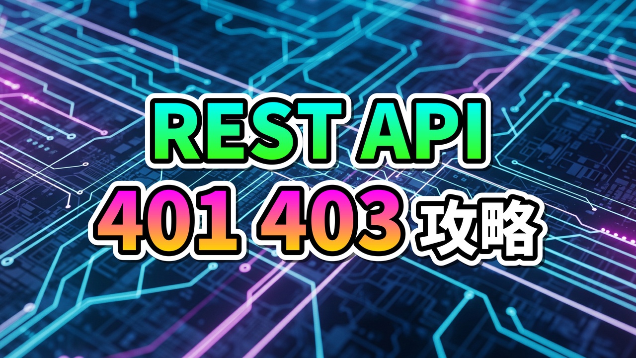 回路基板の背景に「REST API」「401 403 攻略」と書かれたカラフルなテキストグラフィック。WordPress REST APIの権限エラー解決を示唆。