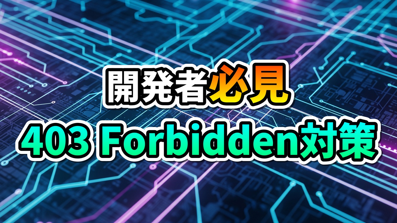 青と紫の回路基板の背景に、白い縁取りとグラデーションカラーで「開発者必見 403 Forbidden対策」と書かれた文字が浮かび上がっています。X API v2のエラー解決を示す画像です。