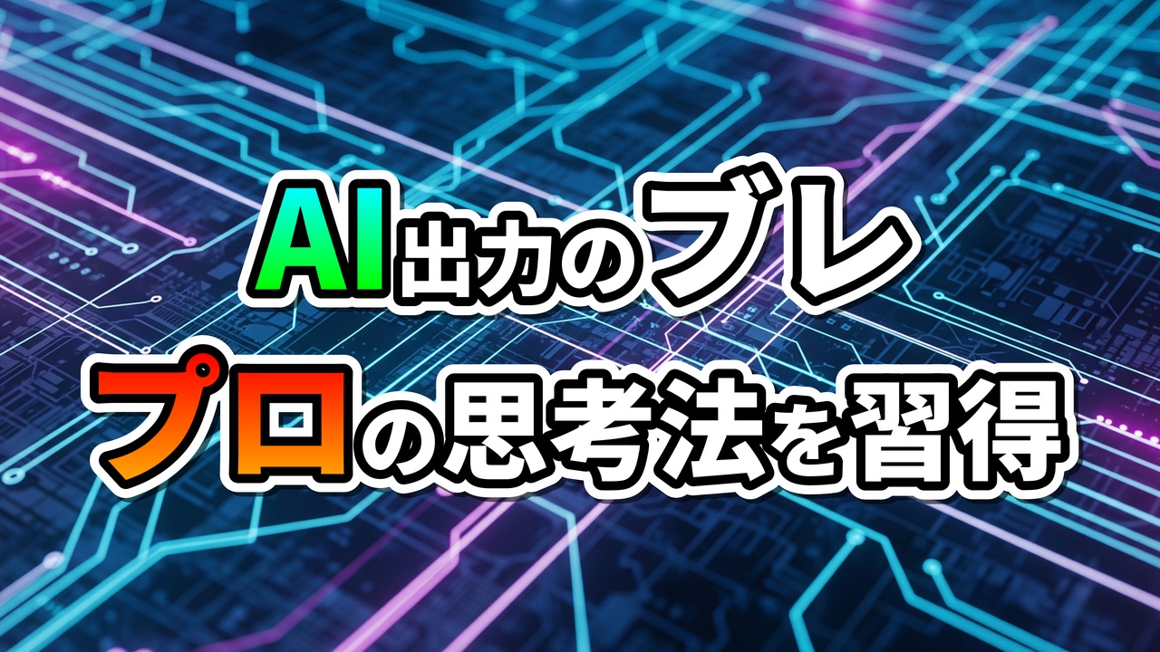 回路基板のような青い背景に「AI出力のブレ」「プロの思考法を習得」と書かれた文字が浮かび上がるアイキャッチ画像。AI開発の課題解決を示す。