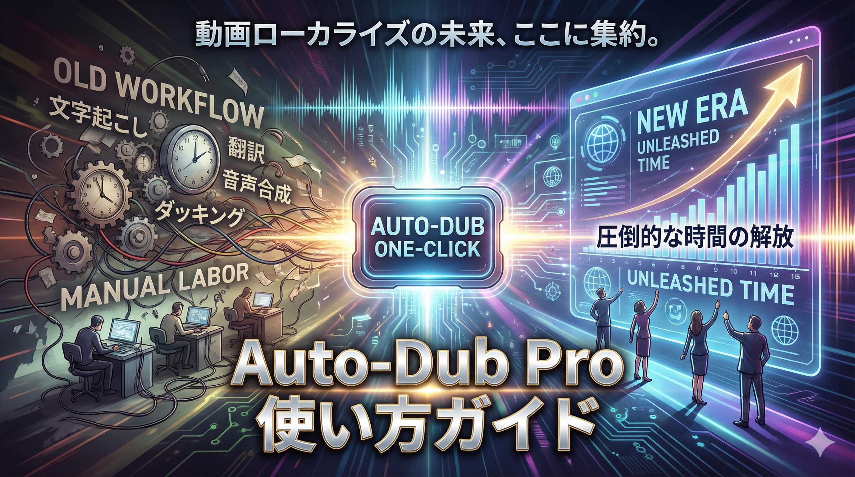 Auto-Dub Proによる動画ローカライズの変革を示すイラスト。左側は手動で文字起こし、翻訳、音声合成、ダッキングを行う旧来の複雑なワークフローと作業者たち、右側は「NEW ERA」「圧倒的な時間の解放」として自動化された効率的な未来のプロセスと成長を指し示す人々。中央には「AUTO-DUB ONE-CLICK」のロゴがある。
