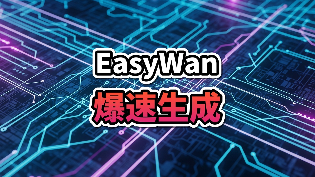 ComfyUIベースのEasyWan22ワークフロー画面と、そこから生成される光り輝く動画フィルムのイメージ。