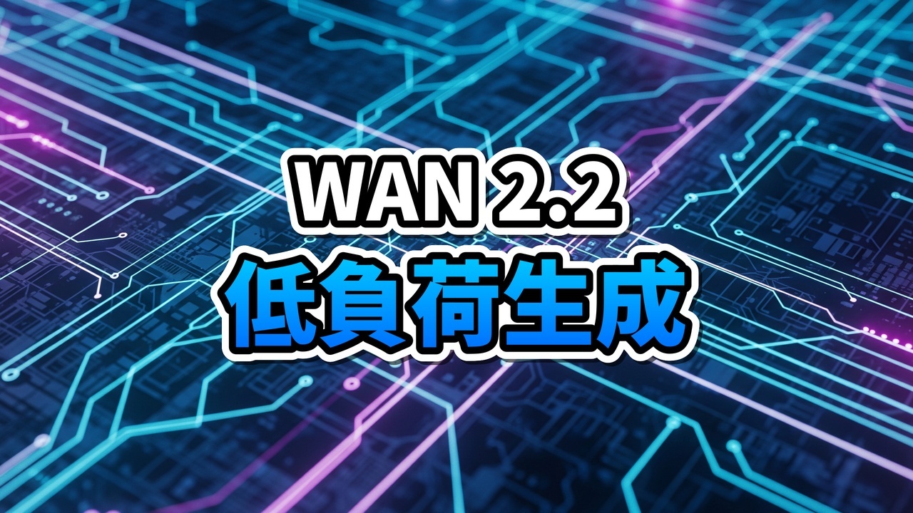 未来的なPCモニターに表示されたWan 2.2動画生成インターフェースと輝くデジタルパーティクル。