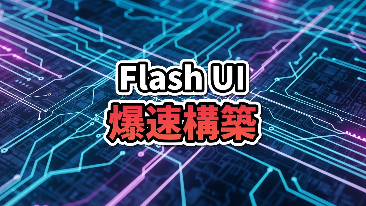 Google AI StudioのFlash UIテンプレートのインターフェース。黒背景に白文字でFlash UIと表示され、周囲に生成されたモダンなUIコンポーネントが浮かんでいる。