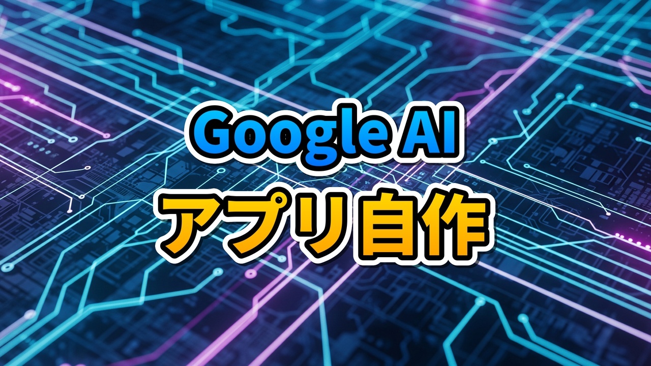 Google AI Studioのホログラフィックなインターフェースで、ノーコードでアプリが構築されていく様子を描いた近未来的なイメージ画像。