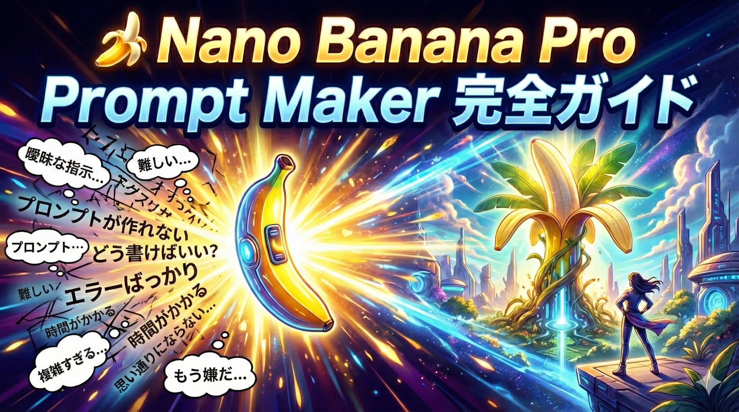 「Nano Banana Pro Prompt Maker 完全ガイド」のタイトル画像。中央には輝くバナナ型のAIデバイスがあり、周囲には「プロンプトが作れない」「難しい」といったAIプロンプト作成の課題を表す吹き出しが描かれている。右側には未来的な都市と、AIツールで新しい世界を切り開くような人物が立っている。Gemini向けプロンプト生成ツールの利便性と課題解決を視覚的に表現している。