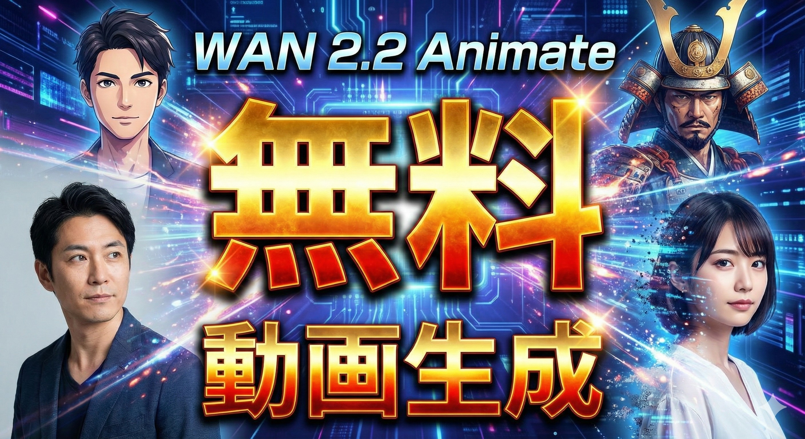 Wan 2.2 AnimateとWanGPを使って実写動画をアニメや戦国武将に変換するイメージ画像。中央に「無料 動画生成」の大きな文字、背景にはデジタルエフェクトと変換前後の人物比較ビジュアル。