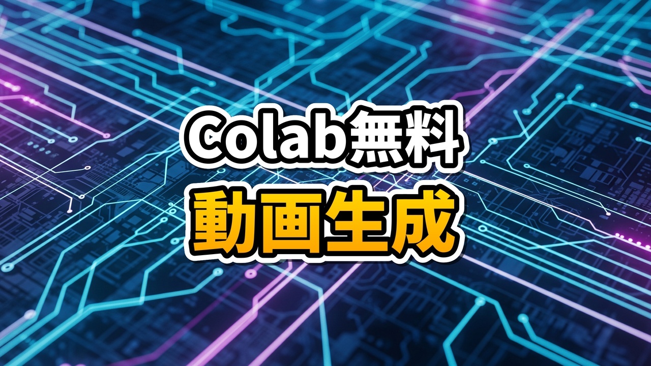 Google Colabの画面上でAI動画生成プロセスが進行している近未来的なイメージ図。