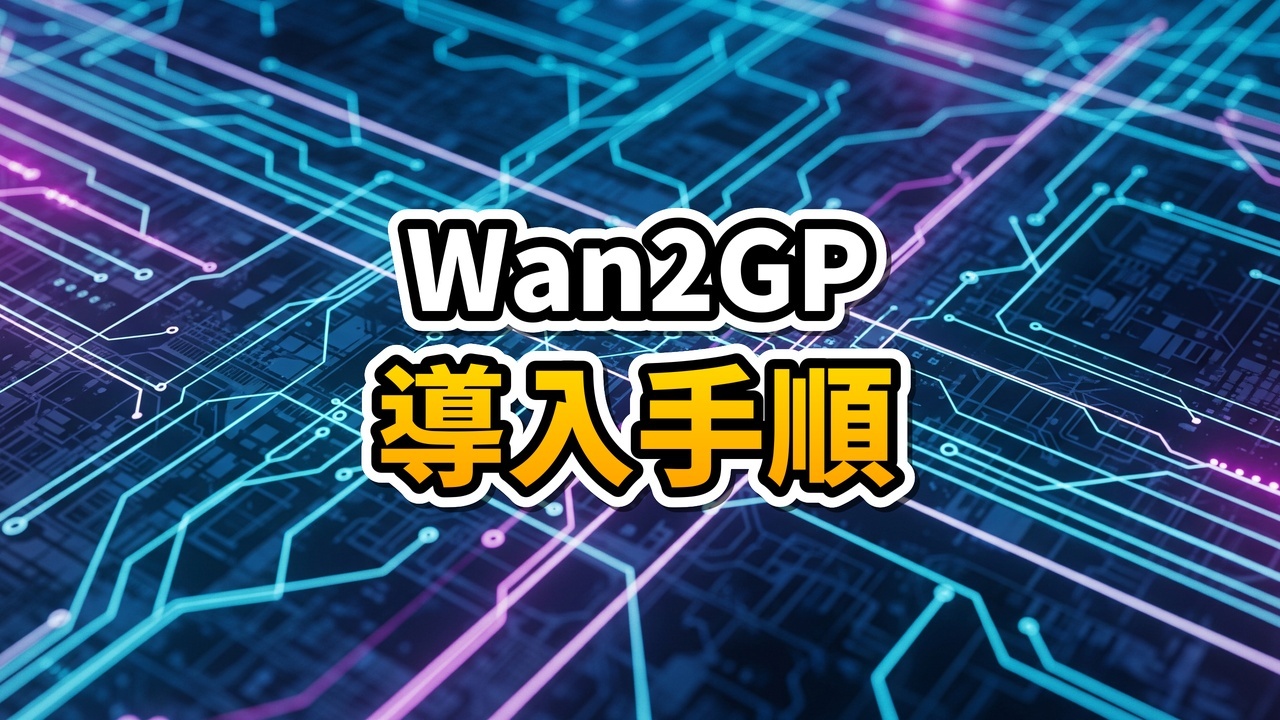 暗い部屋で光るモニターに表示されたWan2GPの操作画面とAI動画生成の様子。