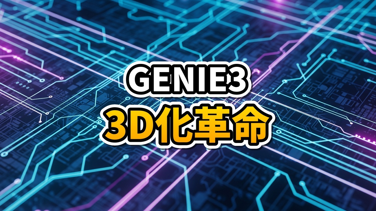 Google Genie 3のイメージ図。1枚の静止画が物理法則を持つ操作可能な3Dゲーム空間へ変換され、キャラクターが探索している様子