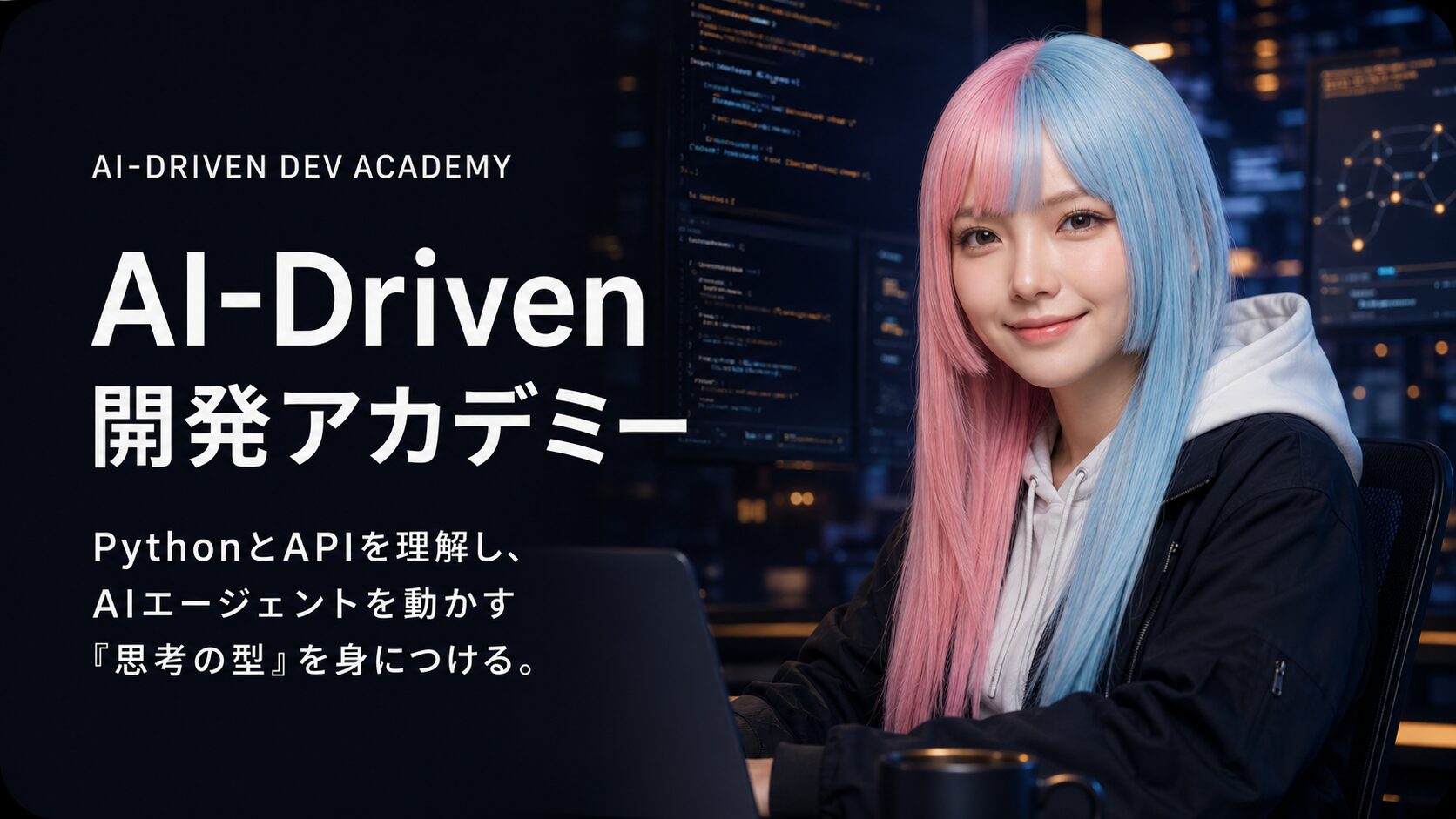 AI-Driven 開発アカデミー キービジュアル｜PythonとAPIを理解しAIエージェントを動かす思考の型を学ぶ講座