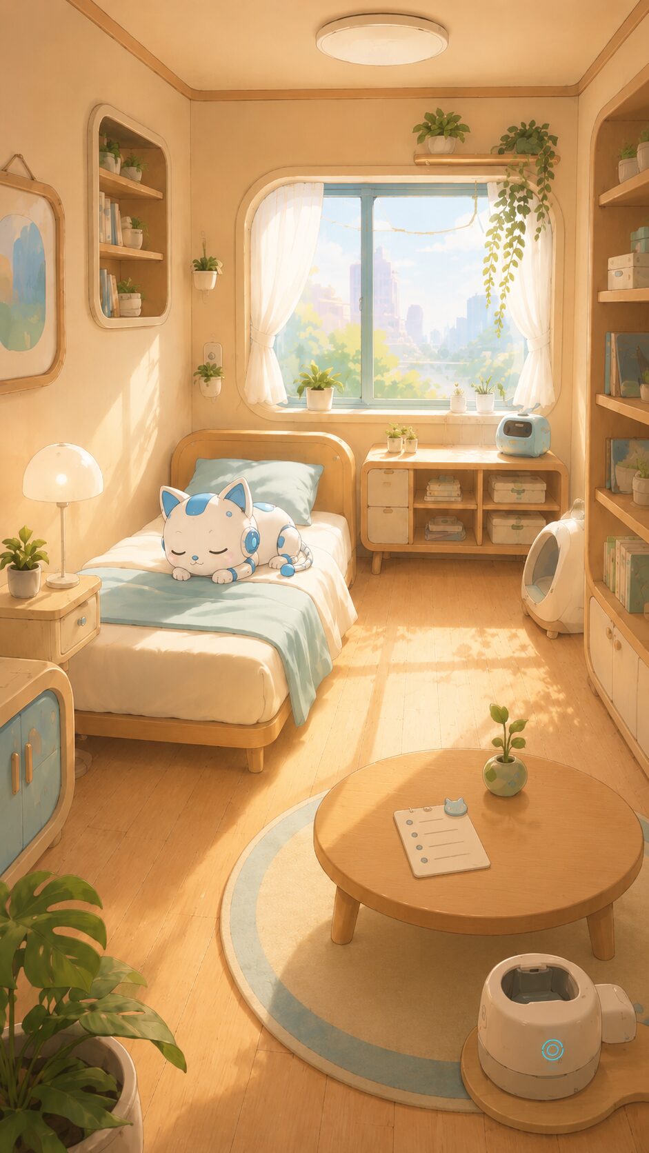 ベッドで眠るロボット猫の開始フレーム